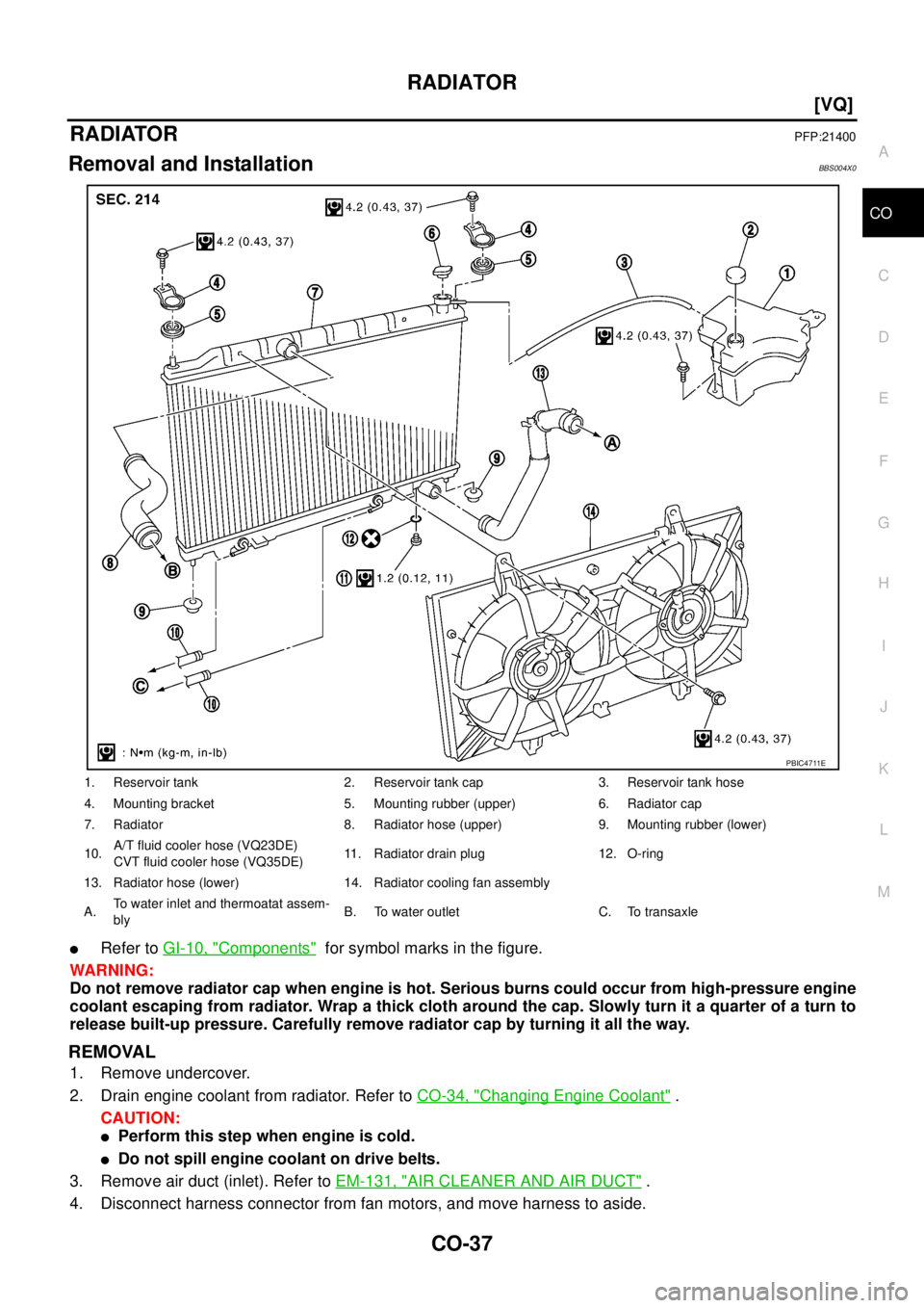 NISSAN TEANA 2003  Service Manual RADIATOR
CO-37
[VQ]
C
D
E
F
G
H
I
J
K
L
MA
CO
 
RADIATORPFP:21400
Removal and InstallationBBS004X0
Refer to GI-10, "Components"  for symbol marks in the figure.
WARNING:
Do not remove radiator cap wh