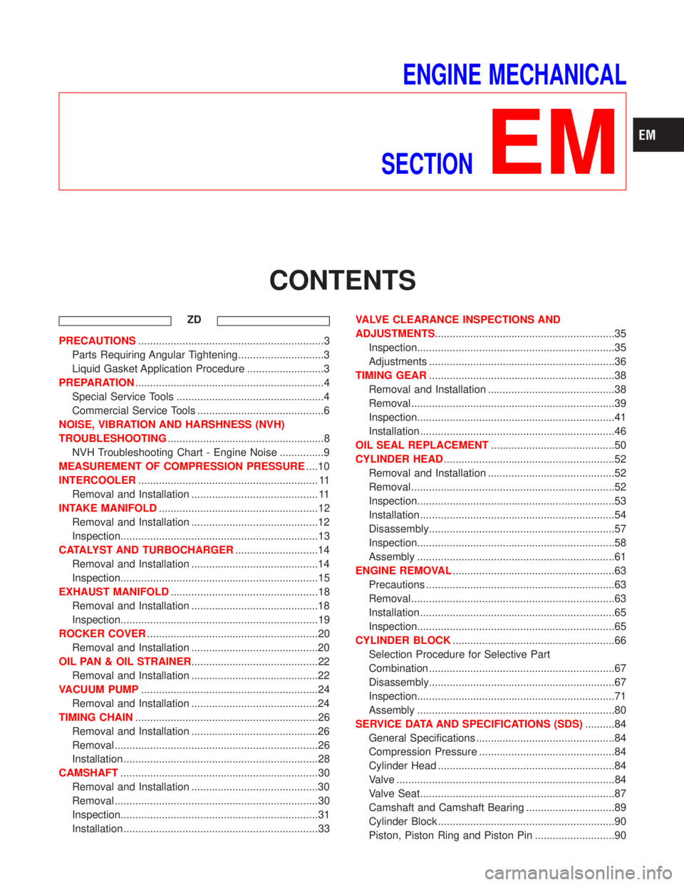 NISSAN TERRANO 2002  Service Repair Manual ENGINE MECHANICAL
SECTION
EM
CONTENTS
ZD
PRECAUTIONS...............................................................3
Parts Requiring Angular Tightening .............................3
Liquid Gasket App