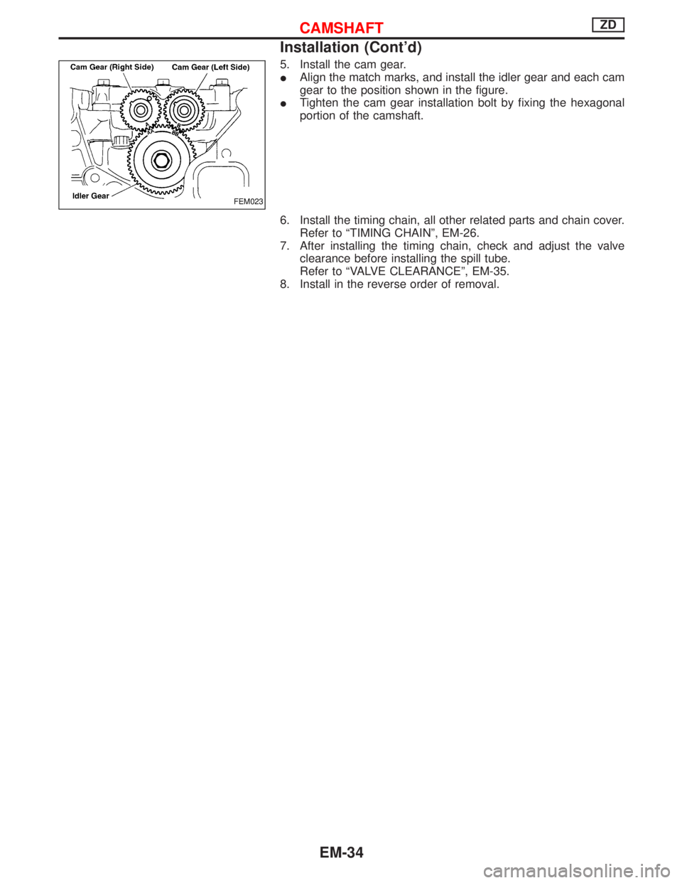 NISSAN TERRANO 2002  Service Repair Manual 5. Install the cam gear.
IAlign the match marks, and install the idler gear and each cam
gear to the position shown in the figure.
ITighten the cam gear installation bolt by fixing the hexagonal
porti
