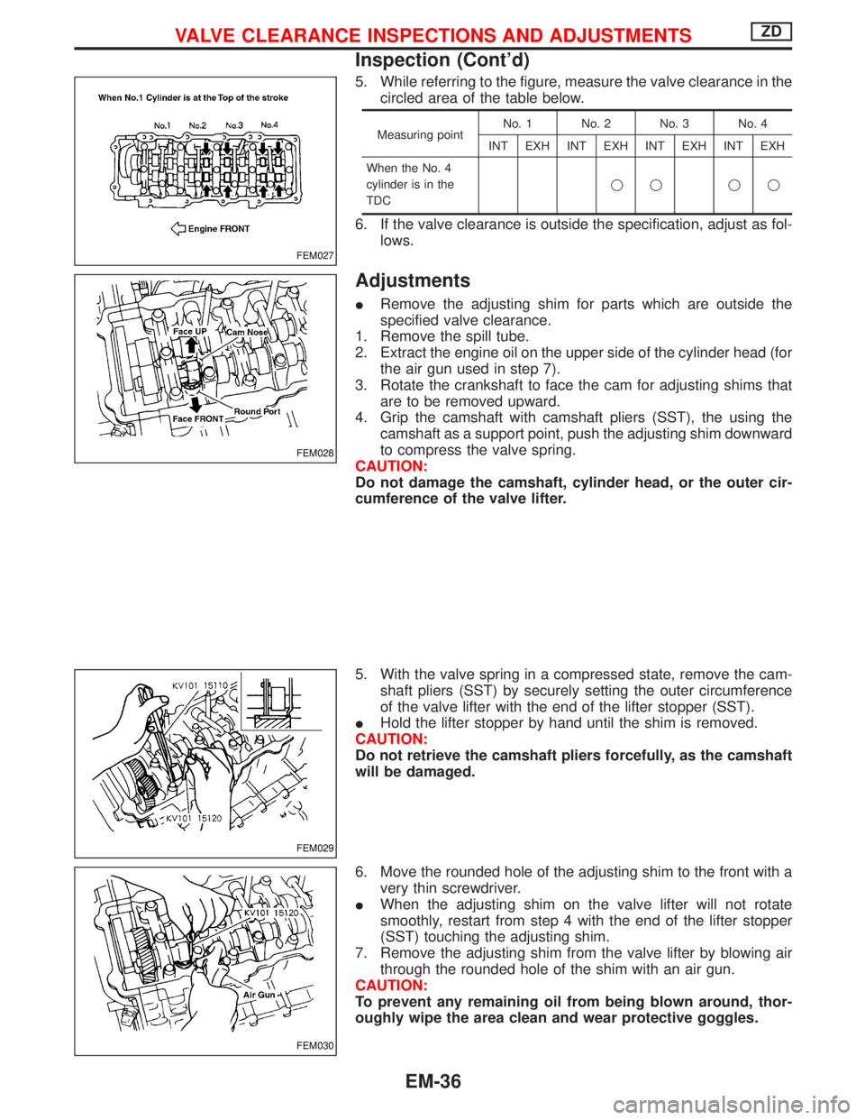 NISSAN TERRANO 2002  Service Repair Manual 5. While referring to the figure, measure the valve clearance in the
circled area of the table below.
Measuring pointNo. 1 No. 2 No. 3 No. 4
INT EXH INT EXH INT EXH INT EXH
When the No. 4
cylinder is 