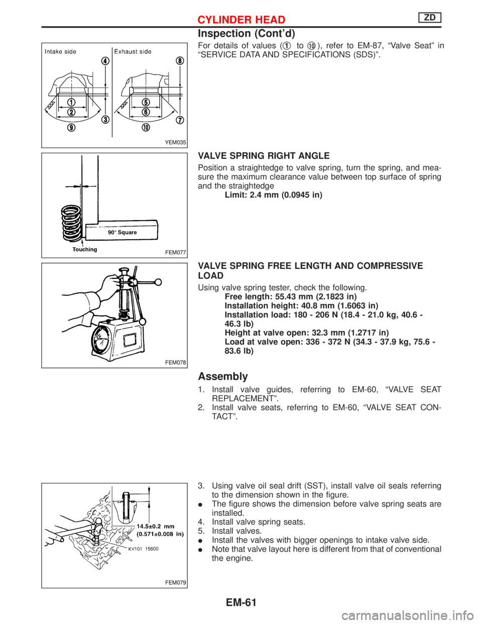 NISSAN TERRANO 2002  Service Repair Manual For details of values (q1toq10), refer to EM-87, ªValve Seatº in
ªSERVICE DATA AND SPECIFICATIONS (SDS)º.
VALVE SPRING RIGHT ANGLE
Position a straightedge to valve spring, turn the spring, and mea