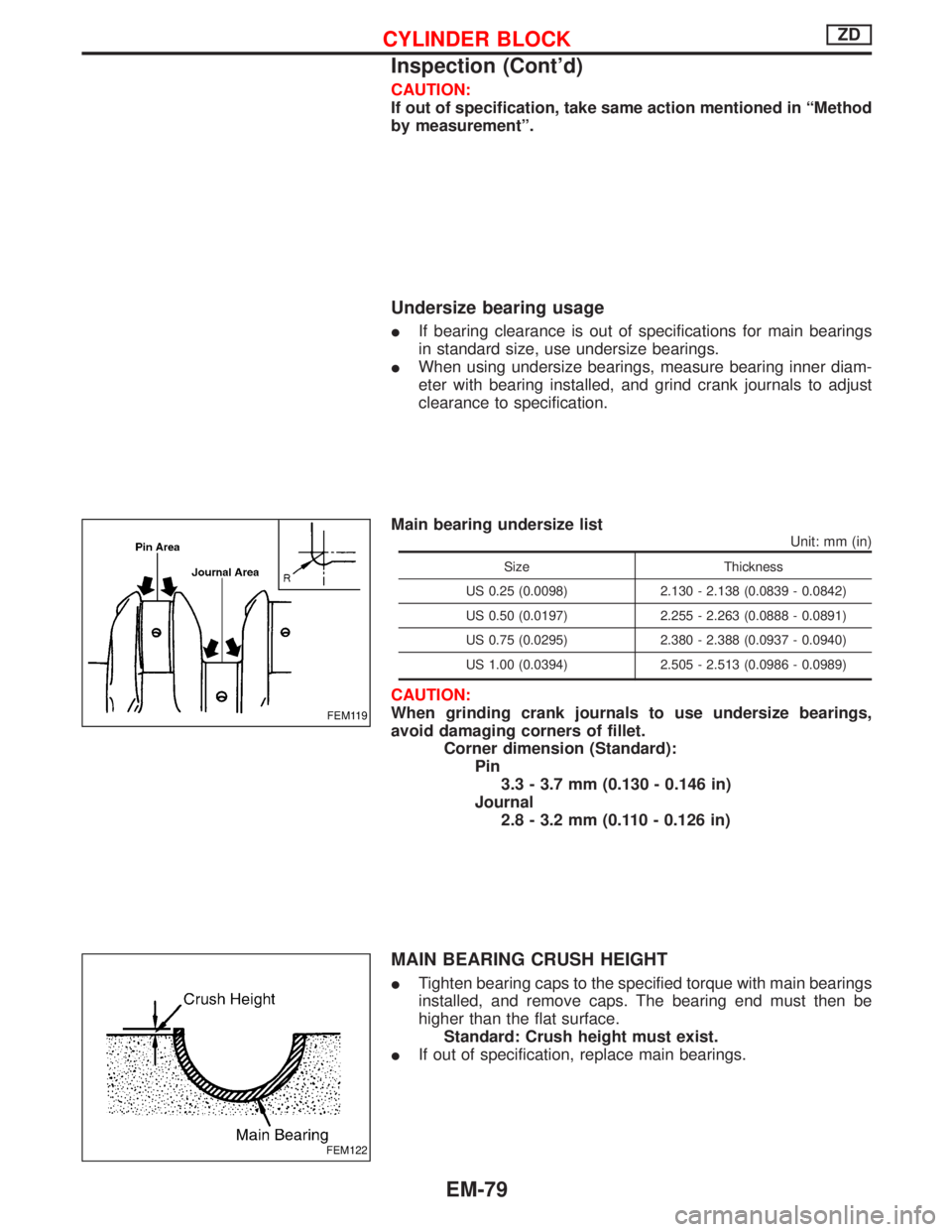 NISSAN TERRANO 2002  Service Repair Manual CAUTION:
If out of specification, take same action mentioned in ªMethod
by measurementº.
Undersize bearing usage
IIf bearing clearance is out of specifications for main bearings
in standard size, us