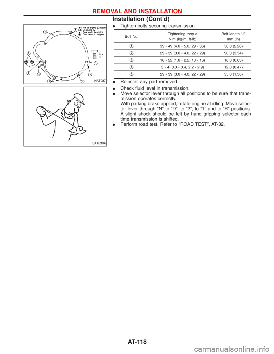 NISSAN TERRANO 2002 Service Repair Manual ITighten bolts securing transmission.
Bolt No.Tightening torque
N×m (kg-m, ft-lb)Bolt length ªº
mm (in)
q
139 - 49 (4.0 - 5.0, 29 - 36) 58.0 (2.28)
q
229 - 39 (3.0 - 4.0, 22 - 29) 90.0 (3.54)
q
31 NISSAN TERRANO 2002 Service Repair Manual ITighten bolts securing transmission.
Bolt No.Tightening torque
N×m (kg-m, ft-lb)Bolt length ªº
mm (in)
q
139 - 49 (4.0 - 5.0, 29 - 36) 58.0 (2.28)
q
229 - 39 (3.0 - 4.0, 22 - 29) 90.0 (3.54)
q
31