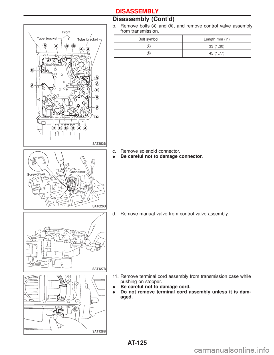 NISSAN TERRANO 2002  Service Repair Manual b. Remove boltsqAandqB, and remove control valve assembly
from transmission.
Bolt symbol Length mm (in)
q
A33 (1.30)
q
B45 (1.77)
c. Remove solenoid connector.
IBe careful not to damage connector.
d. 