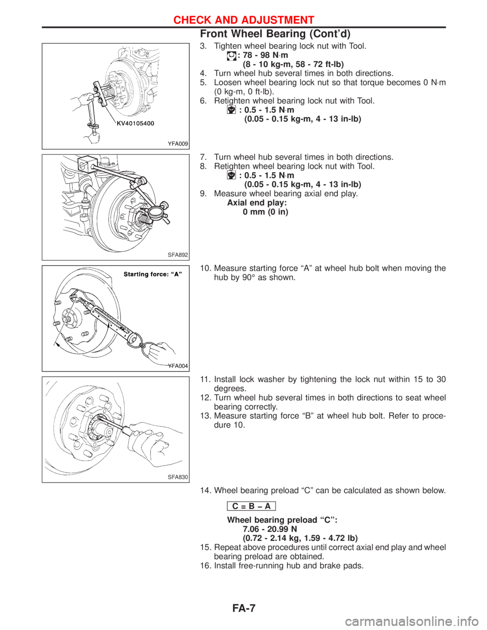NISSAN TERRANO 2002 Service Repair Manual 3. Tighten wheel bearing lock nut with Tool.
:78-98N×m
(8 - 10 kg-m, 58 - 72 ft-lb)
4. Turn wheel hub several times in both directions.
5. Loosen wheel bearing lock nut so that torque becomes 0 N×m
NISSAN TERRANO 2002 Service Repair Manual 3. Tighten wheel bearing lock nut with Tool.
:78-98N×m
(8 - 10 kg-m, 58 - 72 ft-lb)
4. Turn wheel hub several times in both directions.
5. Loosen wheel bearing lock nut so that torque becomes 0 N×m