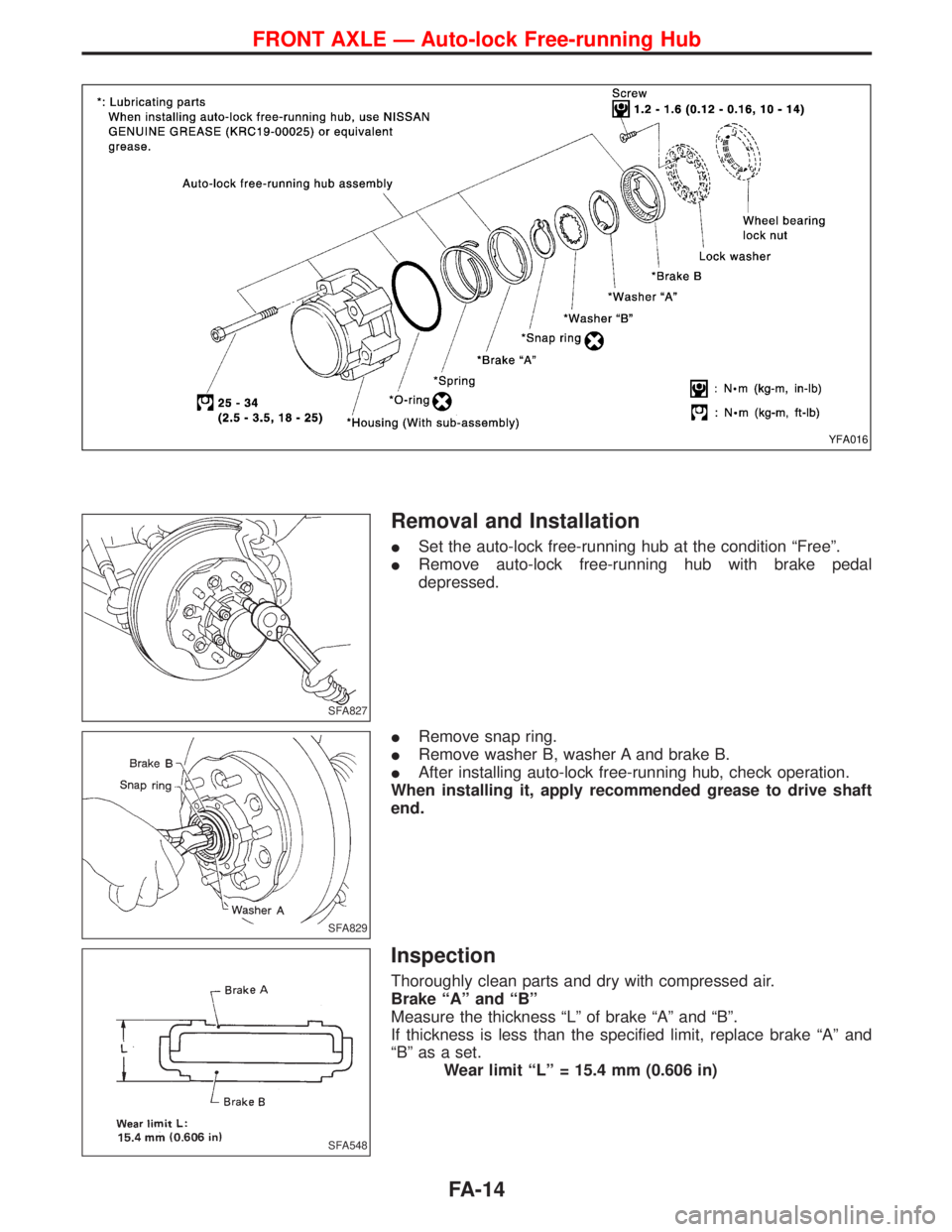 NISSAN TERRANO 2002 Service Repair Manual Removal and Installation
ISet the auto-lock free-running hub at the condition ªFreeº.
IRemove auto-lock free-running hub with brake pedal
depressed.
IRemove snap ring.
IRemove washer B, washer A and NISSAN TERRANO 2002 Service Repair Manual Removal and Installation
ISet the auto-lock free-running hub at the condition ªFreeº.
IRemove auto-lock free-running hub with brake pedal
depressed.
IRemove snap ring.
IRemove washer B, washer A and
