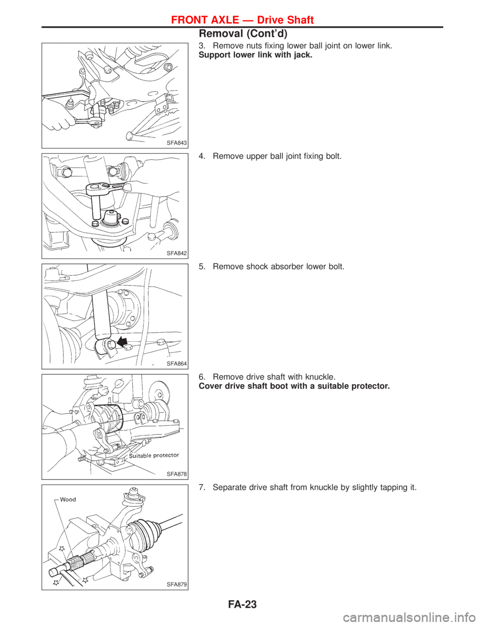NISSAN TERRANO 2002  Service Repair Manual 3. Remove nuts fixing lower ball joint on lower link.
Support lower link with jack.
4. Remove upper ball joint fixing bolt.
5. Remove shock absorber lower bolt.
6. Remove drive shaft with knuckle.
Cov