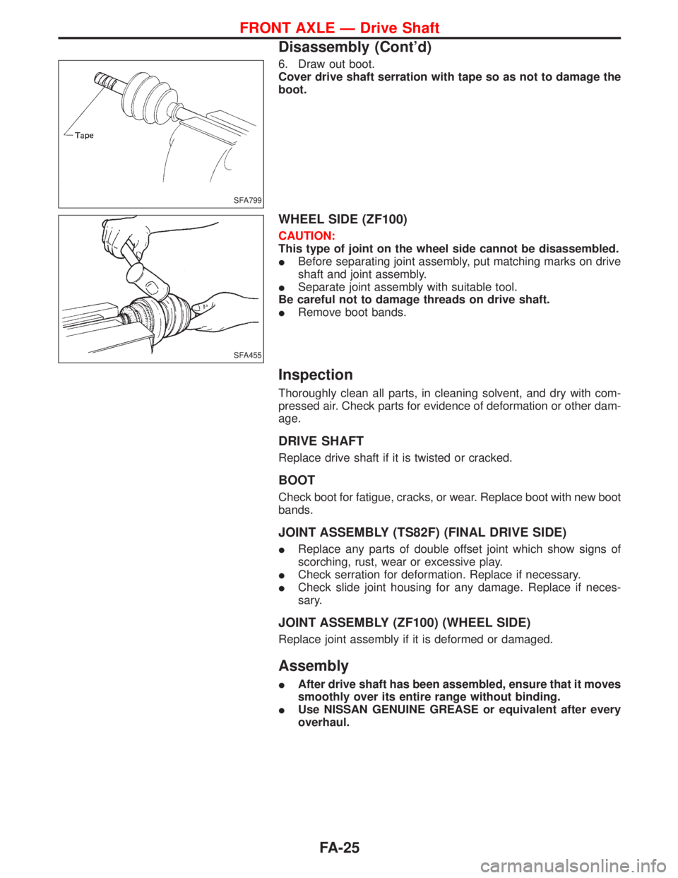 NISSAN TERRANO 2002  Service Repair Manual 6. Draw out boot.
Cover drive shaft serration with tape so as not to damage the
boot.
WHEEL SIDE (ZF100)
CAUTION:
This type of joint on the wheel side cannot be disassembled.
IBefore separating joint 