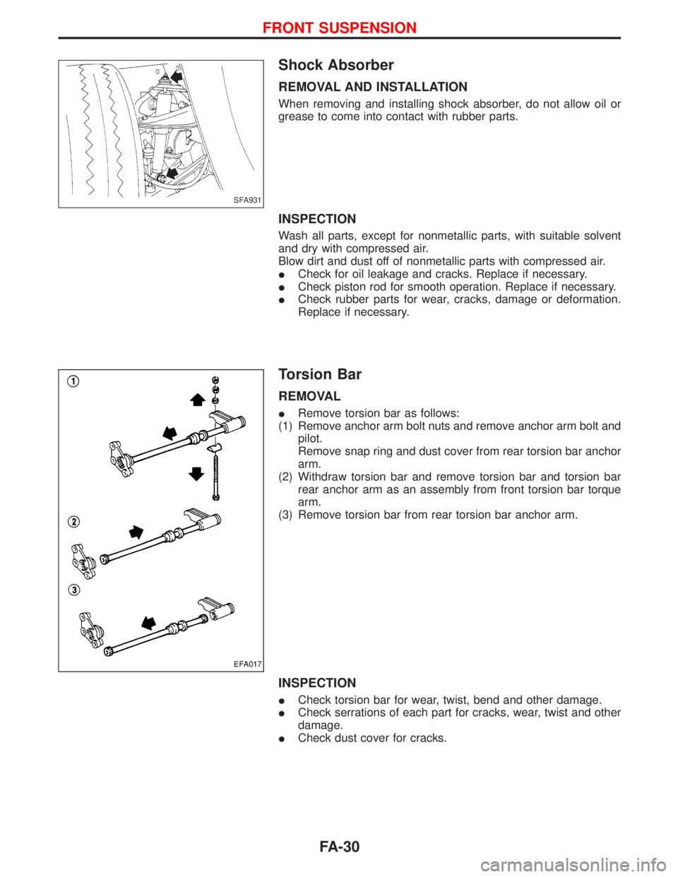 NISSAN TERRANO 2002  Service Repair Manual Shock Absorber
REMOVAL AND INSTALLATION
When removing and installing shock absorber, do not allow oil or
grease to come into contact with rubber parts.
INSPECTION
Wash all parts, except for nonmetalli