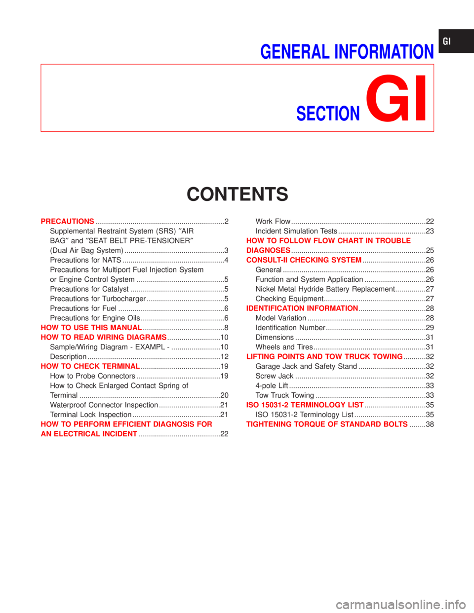 NISSAN TERRANO 2002  Service Repair Manual GENERAL INFORMATION
SECTION
GI
CONTENTS
PRECAUTIONS...............................................................2
Supplemental Restraint System (SRS)²AIR
BAG²and²SEAT BELT PRE-TENSIONER²
(Dual A