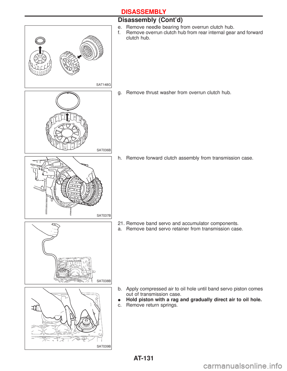 NISSAN TERRANO 2002  Service Repair Manual e. Remove needle bearing from overrun clutch hub.
f. Remove overrun clutch hub from rear internal gear and forward
clutch hub.
g. Remove thrust washer from overrun clutch hub.
h. Remove forward clutch
