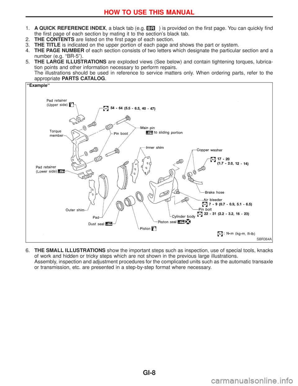 NISSAN TERRANO 2002  Service Repair Manual 1.A QUICK REFERENCE INDEX, a black tab (e.g.) is provided on the first page. You can quickly find
the first page of each section by mating it to the sections black tab.
2.THE CONTENTSare listed on th