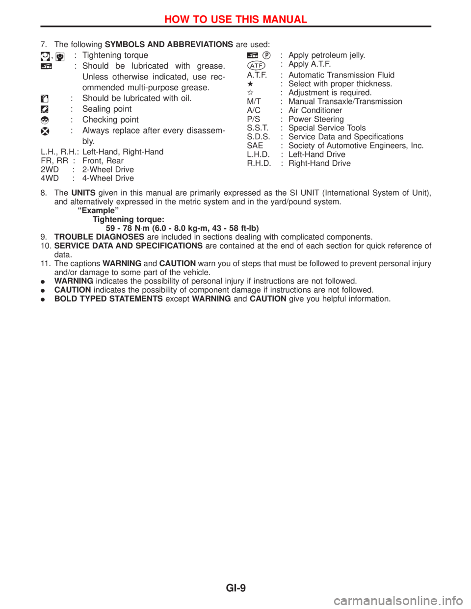 NISSAN TERRANO 2002  Service Repair Manual 7. The followingSYMBOLS AND ABBREVIATIONSare used:
,: Tightening torque
: Should be lubricated with grease.
Unless otherwise indicated, use rec-
ommended multi-purpose grease.
: Should be lubricated w