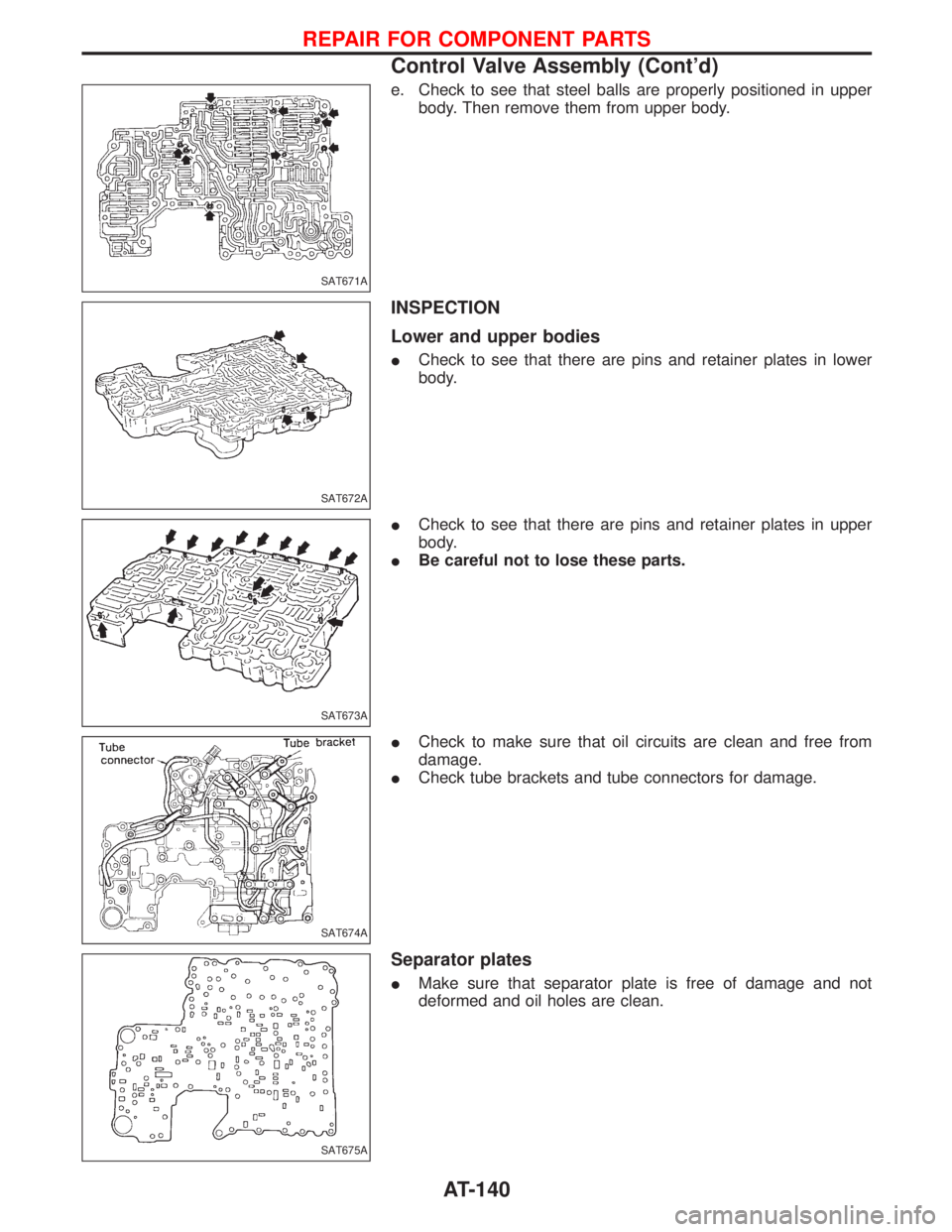 NISSAN TERRANO 2002  Service Repair Manual e. Check to see that steel balls are properly positioned in upper
body. Then remove them from upper body.
INSPECTION
Lower and upper bodies
ICheck to see that there are pins and retainer plates in low