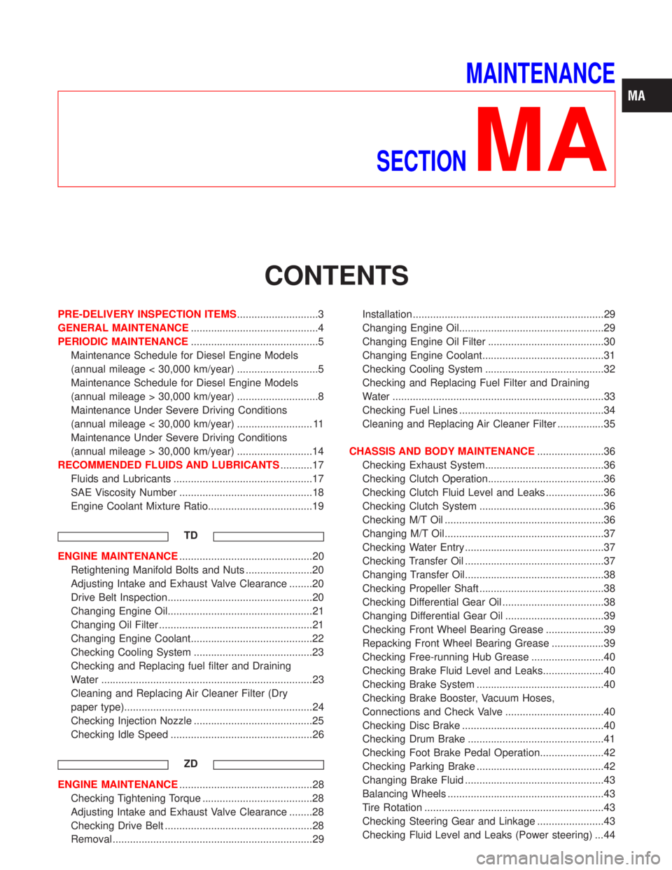 NISSAN TERRANO 2002  Service Repair Manual MAINTENANCE
SECTION
MA
CONTENTS
PRE-DELIVERY INSPECTION ITEMS............................3
GENERAL MAINTENANCE............................................4
PERIODIC MAINTENANCE........................