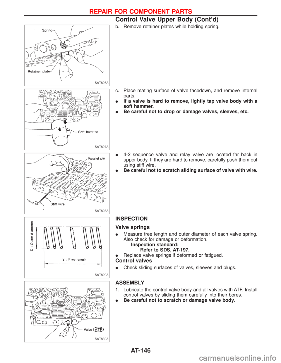 NISSAN TERRANO 2002  Service Repair Manual b. Remove retainer plates while holding spring.
c. Place mating surface of valve facedown, and remove internal
parts.
IIf a valve is hard to remove, lightly tap valve body with a
soft hammer.
IBe care