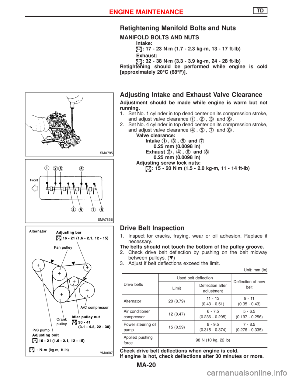 NISSAN TERRANO 2002  Service Repair Manual Retightening Manifold Bolts and Nuts
MANIFOLD BOLTS AND NUTS
Intake:
:17-23N×m (1.7 - 2.3 kg-m, 13 - 17 ft-lb)
Exhaust:
:32-38N×m (3.3 - 3.9 kg-m, 24 - 28 ft-lb)
Retightening should be performed whi