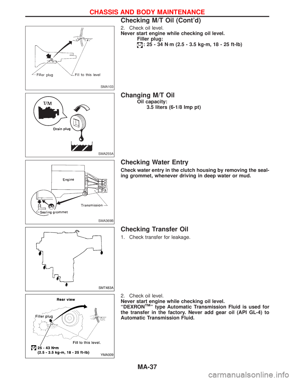 NISSAN TERRANO 2002 Service Repair Manual 2. Check oil level.
Never start engine while checking oil level.
Filler plug:
:25-34N×m (2.5 - 3.5 kg-m, 18 - 25 ft-lb)
Changing M/T Oil
Oil capacity:
3.5 liters (6-1/8 Imp pt)
Checking Water Entry
C NISSAN TERRANO 2002 Service Repair Manual 2. Check oil level.
Never start engine while checking oil level.
Filler plug:
:25-34N×m (2.5 - 3.5 kg-m, 18 - 25 ft-lb)
Changing M/T Oil
Oil capacity:
3.5 liters (6-1/8 Imp pt)
Checking Water Entry
C