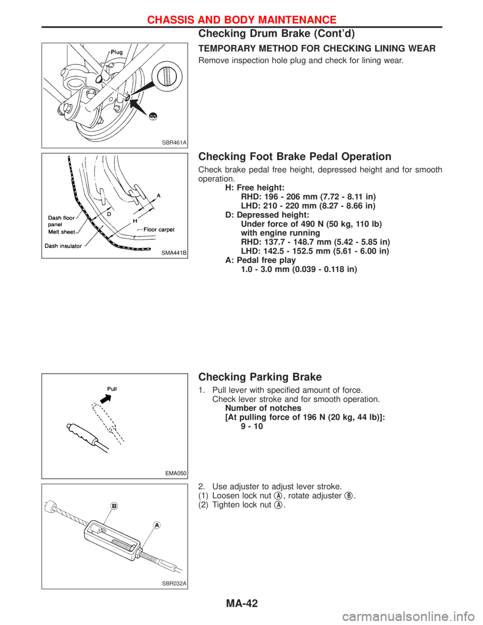 NISSAN TERRANO 2002 Service Repair Manual TEMPORARY METHOD FOR CHECKING LINING WEAR
Remove inspection hole plug and check for lining wear.
Checking Foot Brake Pedal Operation
Check brake pedal free height, depressed height and for smooth
oper NISSAN TERRANO 2002 Service Repair Manual TEMPORARY METHOD FOR CHECKING LINING WEAR
Remove inspection hole plug and check for lining wear.
Checking Foot Brake Pedal Operation
Check brake pedal free height, depressed height and for smooth
oper