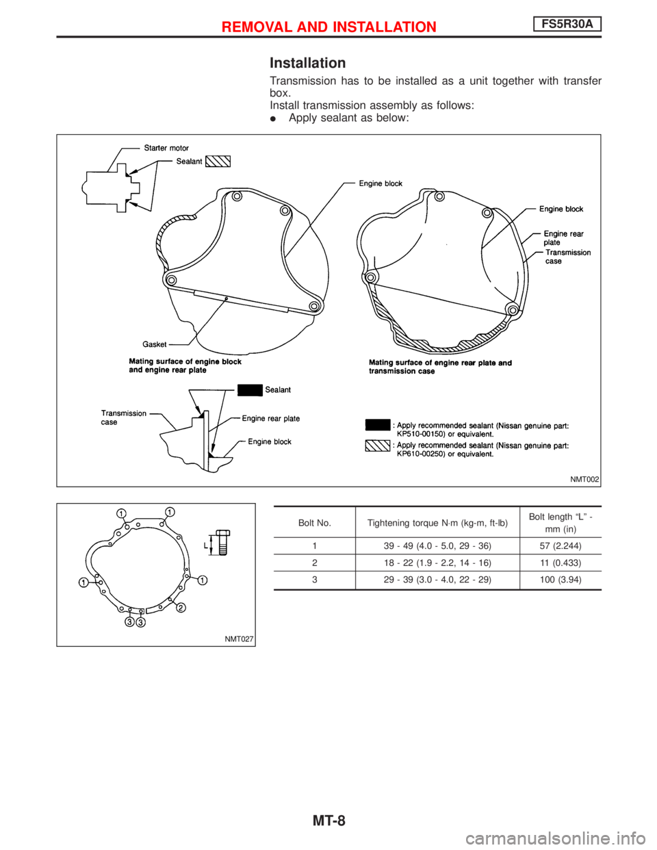 NISSAN TERRANO 2002  Service Repair Manual Installation
Transmission has to be installed as a unit together with transfer
box.
Install transmission assembly as follows:
IApply sealant as below:
Bolt No. Tightening torque N×m (kg-m, ft-lb)Bolt