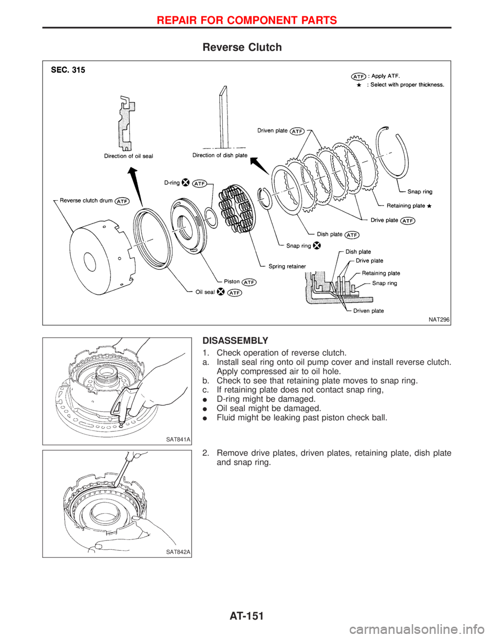 NISSAN TERRANO 2002  Service Repair Manual Reverse Clutch
DISASSEMBLY
1. Check operation of reverse clutch.
a. Install seal ring onto oil pump cover and install reverse clutch.
Apply compressed air to oil hole.
b. Check to see that retaining p