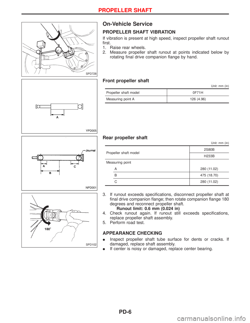 NISSAN TERRANO 2002  Service Repair Manual On-Vehicle Service
PROPELLER SHAFT VIBRATION
If vibration is present at high speed, inspect propeller shaft runout
first.
1. Raise rear wheels.
2. Measure propeller shaft runout at points indicated be