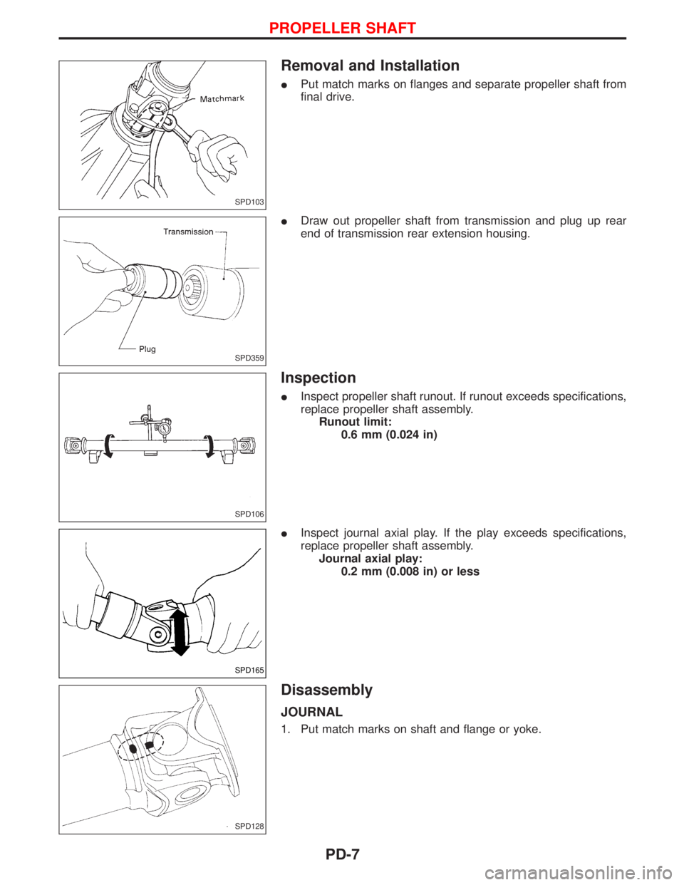 NISSAN TERRANO 2002  Service Repair Manual Removal and Installation
IPut match marks on flanges and separate propeller shaft from
final drive.
IDraw out propeller shaft from transmission and plug up rear
end of transmission rear extension hous
