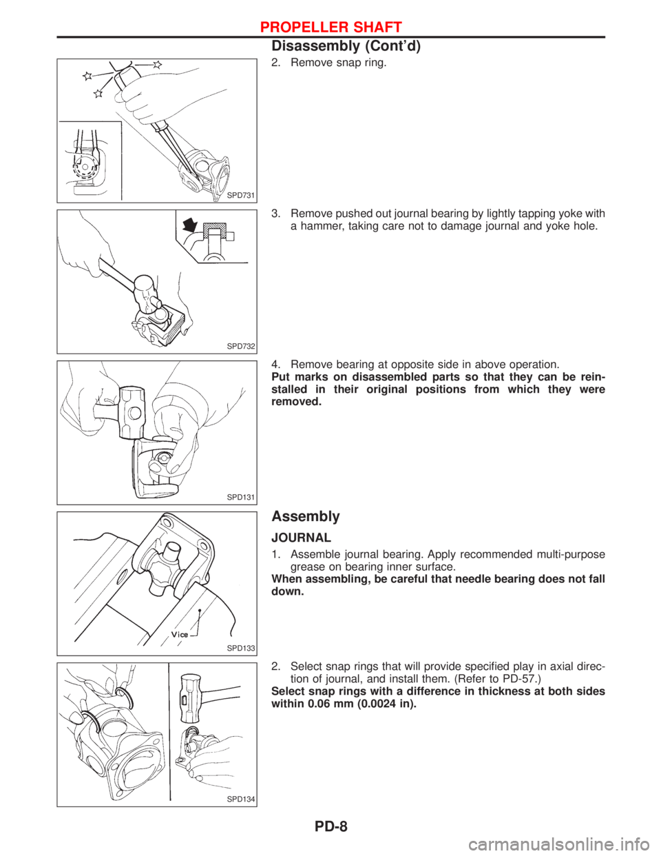 NISSAN TERRANO 2002  Service Repair Manual 2. Remove snap ring.
3. Remove pushed out journal bearing by lightly tapping yoke with
a hammer, taking care not to damage journal and yoke hole.
4. Remove bearing at opposite side in above operation.