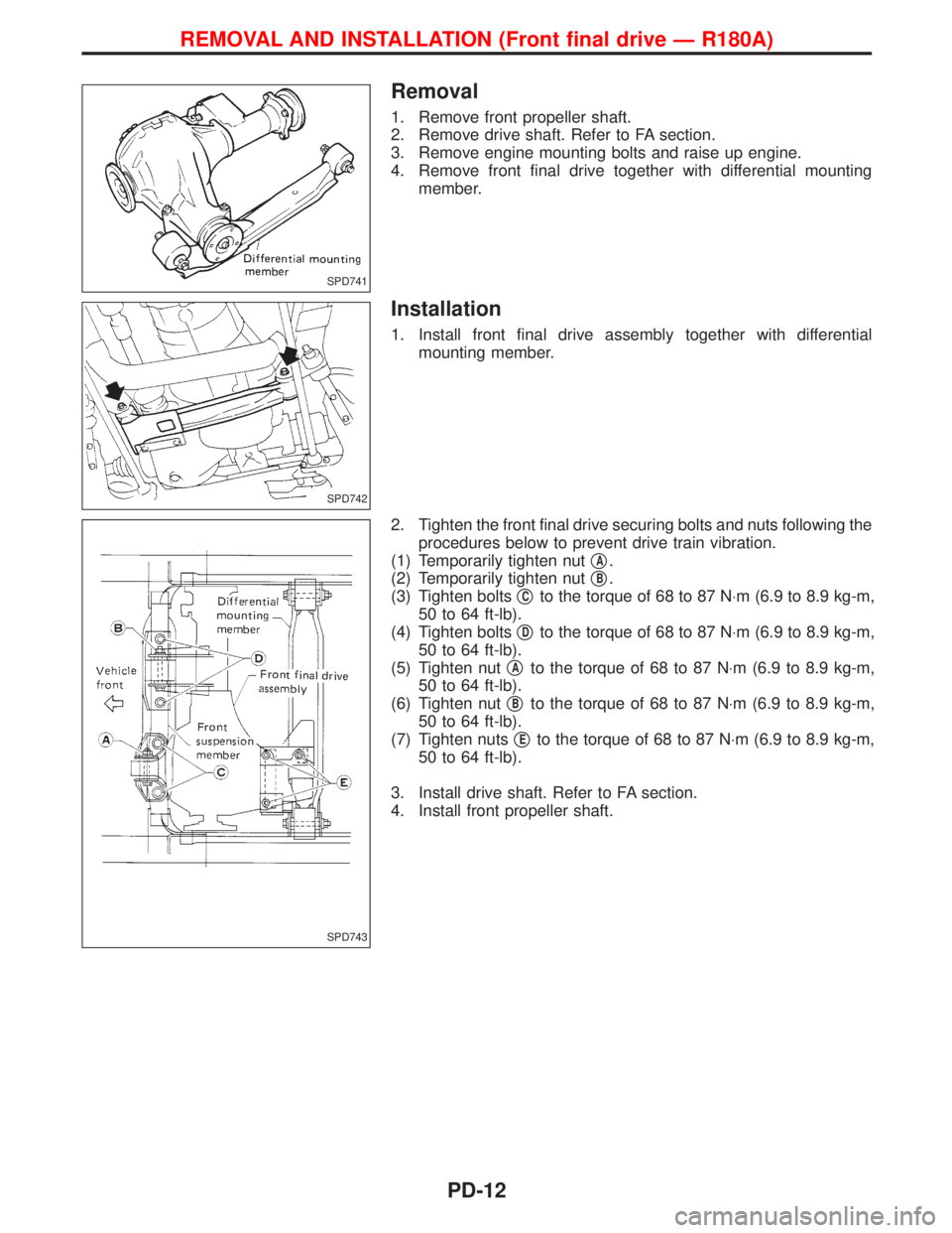 NISSAN TERRANO 2002  Service Repair Manual Removal
1. Remove front propeller shaft.
2. Remove drive shaft. Refer to FA section.
3. Remove engine mounting bolts and raise up engine.
4. Remove front final drive together with differential mountin