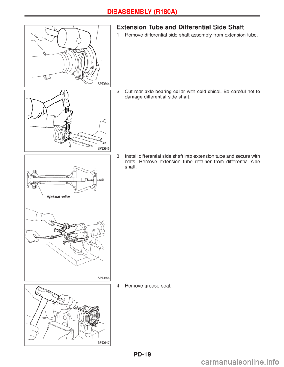 NISSAN TERRANO 2002  Service Repair Manual Extension Tube and Differential Side Shaft
1. Remove differential side shaft assembly from extension tube.
2. Cut rear axle bearing collar with cold chisel. Be careful not to
damage differential side 