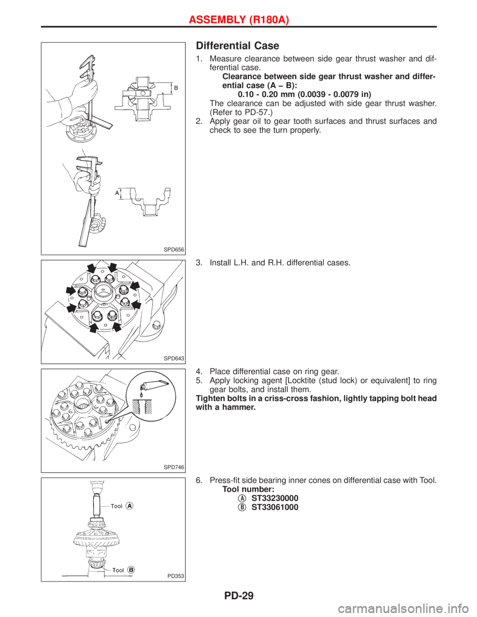 NISSAN TERRANO 2002  Service Repair Manual Differential Case
1. Measure clearance between side gear thrust washer and dif-
ferential case.
Clearance between side gear thrust washer and differ-
ential case (A þ B):
0.10 - 0.20 mm (0.0039 - 0.0