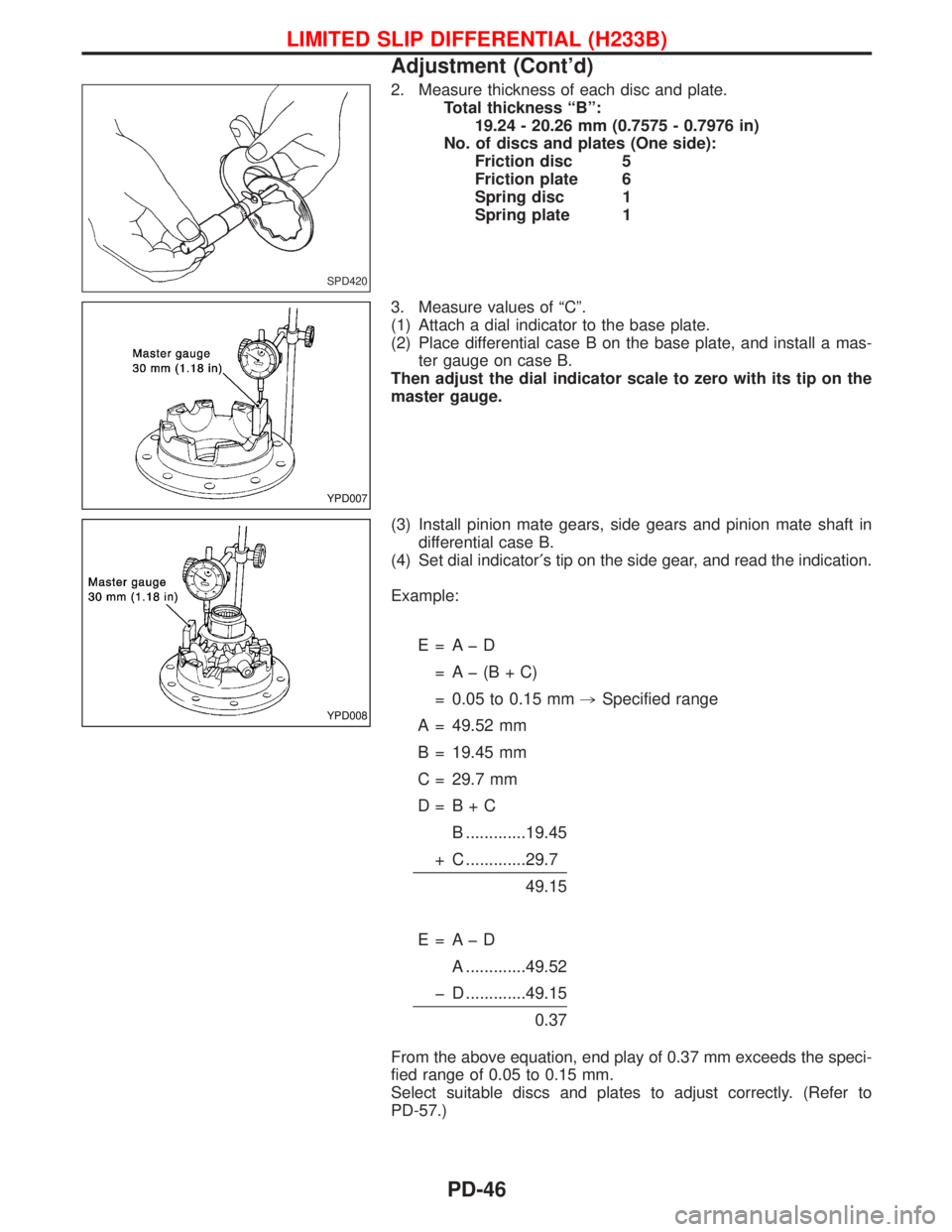 NISSAN TERRANO 2002 Service Repair Manual 2. Measure thickness of each disc and plate.
Total thickness ªBº:
19.24 - 20.26 mm (0.7575 - 0.7976 in)
No. of discs and plates (One side):
Friction disc 5
Friction plate 6
Spring disc 1
Spring plat NISSAN TERRANO 2002 Service Repair Manual 2. Measure thickness of each disc and plate.
Total thickness ªBº:
19.24 - 20.26 mm (0.7575 - 0.7976 in)
No. of discs and plates (One side):
Friction disc 5
Friction plate 6
Spring disc 1
Spring plat