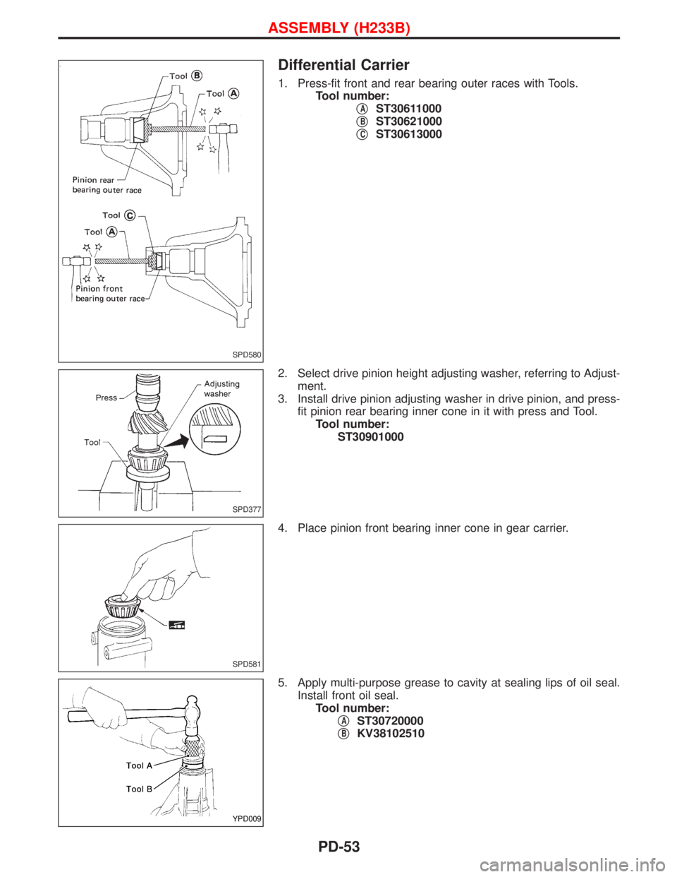 NISSAN TERRANO 2002 Service Repair Manual Differential Carrier
1. Press-fit front and rear bearing outer races with Tools.
Tool number:
q
AST30611000
q
BST30621000
q
CST30613000
2. Select drive pinion height adjusting washer, referring to Adj NISSAN TERRANO 2002 Service Repair Manual Differential Carrier
1. Press-fit front and rear bearing outer races with Tools.
Tool number:
q
AST30611000
q
BST30621000
q
CST30613000
2. Select drive pinion height adjusting washer, referring to Adj