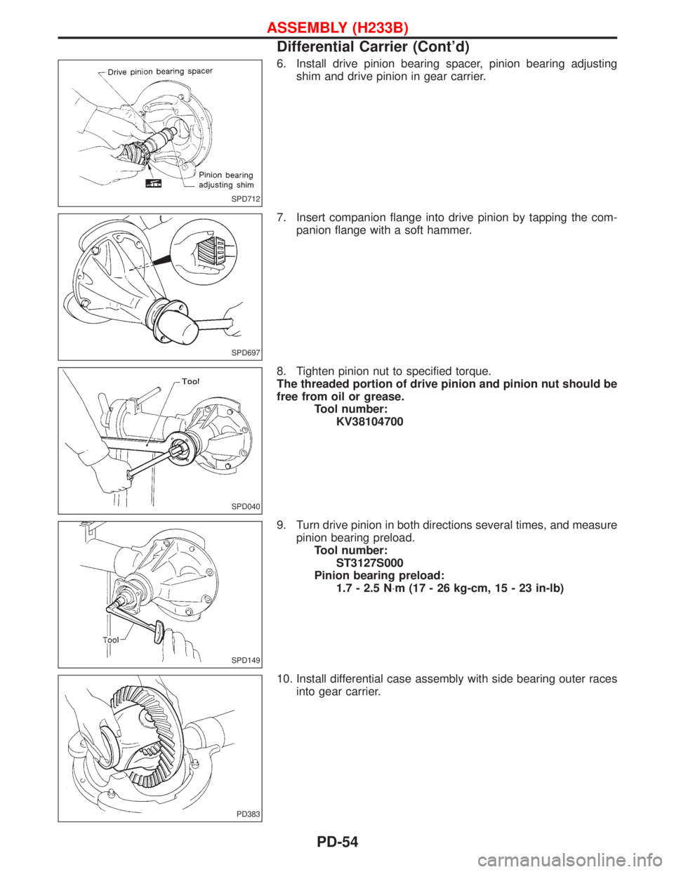 NISSAN TERRANO 2002 Service Repair Manual 6. Install drive pinion bearing spacer, pinion bearing adjusting
shim and drive pinion in gear carrier.
7. Insert companion flange into drive pinion by tapping the com-
panion flange with a soft hamme NISSAN TERRANO 2002 Service Repair Manual 6. Install drive pinion bearing spacer, pinion bearing adjusting
shim and drive pinion in gear carrier.
7. Insert companion flange into drive pinion by tapping the com-
panion flange with a soft hamme