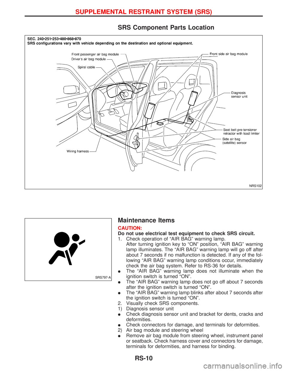 NISSAN TERRANO 2002 Service Repair Manual SRS Component Parts Location
Maintenance Items
CAUTION:
Do not use electrical test equipment to check SRS circuit.
1. Check operation of ªAIR BAGº warning lamp.
After turning ignition key to ªONº NISSAN TERRANO 2002 Service Repair Manual SRS Component Parts Location
Maintenance Items
CAUTION:
Do not use electrical test equipment to check SRS circuit.
1. Check operation of ªAIR BAGº warning lamp.
After turning ignition key to ªONº