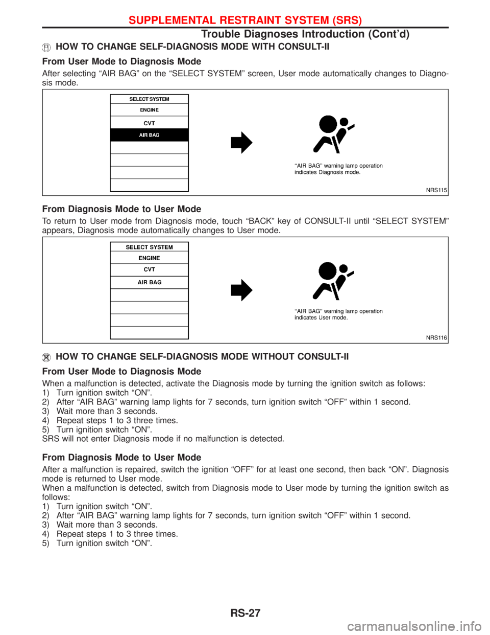 NISSAN TERRANO 2002 Service Repair Manual HOW TO CHANGE SELF-DIAGNOSIS MODE WITH CONSULT-II
From User Mode to Diagnosis Mode
After selecting ªAIR BAGº on the ªSELECT SYSTEMº screen, User mode automatically changes to Diagno-
sis mode.
Fro NISSAN TERRANO 2002 Service Repair Manual HOW TO CHANGE SELF-DIAGNOSIS MODE WITH CONSULT-II
From User Mode to Diagnosis Mode
After selecting ªAIR BAGº on the ªSELECT SYSTEMº screen, User mode automatically changes to Diagno-
sis mode.
Fro