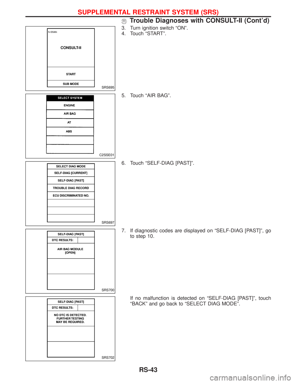 NISSAN TERRANO 2002  Service Repair Manual 3. Turn ignition switch ªONº.
4. Touch ªSTARTº.
5. Touch ªAIR BAGº.
6. Touch ªSELF-DIAG [PAST]º.
7. If diagnostic codes are displayed on ªSELF-DIAG [PAST]º, go
to step 10.
If no malfunction 