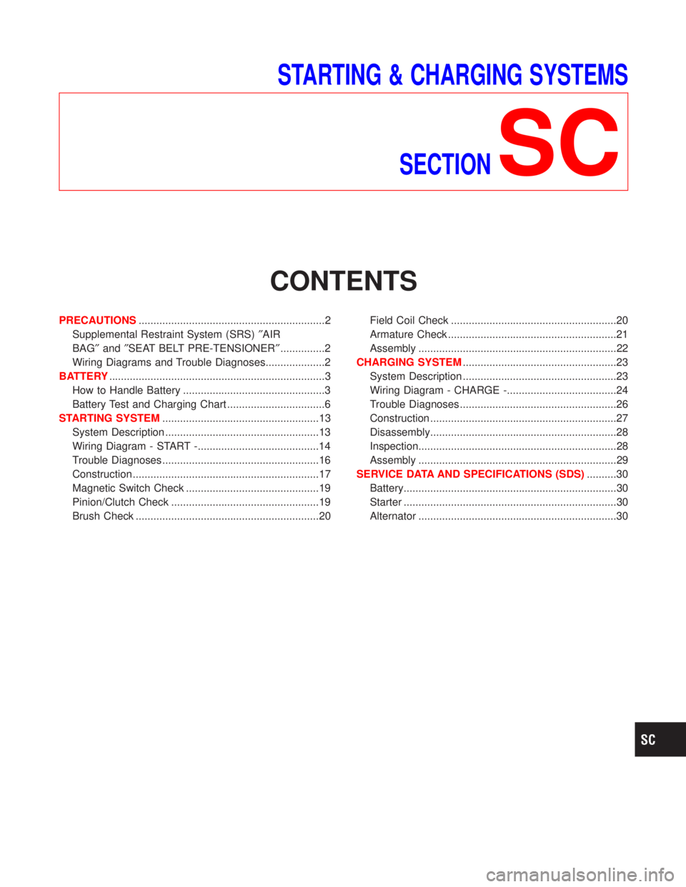 NISSAN TERRANO 2002 Service Repair Manual STARTING & CHARGING SYSTEMS
SECTION
SC
CONTENTS
PRECAUTIONS...............................................................2
Supplemental Restraint System (SRS)²AIR
BAG²and²SEAT BELT PRE-TENSIONER² NISSAN TERRANO 2002 Service Repair Manual STARTING & CHARGING SYSTEMS
SECTION
SC
CONTENTS
PRECAUTIONS...............................................................2
Supplemental Restraint System (SRS)²AIR
BAG²and²SEAT BELT PRE-TENSIONER²