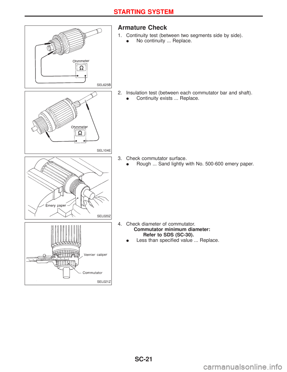 NISSAN TERRANO 2002  Service Repair Manual Armature Check
1. Continuity test (between two segments side by side).
INo continuity ... Replace.
2. Insulation test (between each commutator bar and shaft).
IContinuity exists ... Replace.
3. Check 