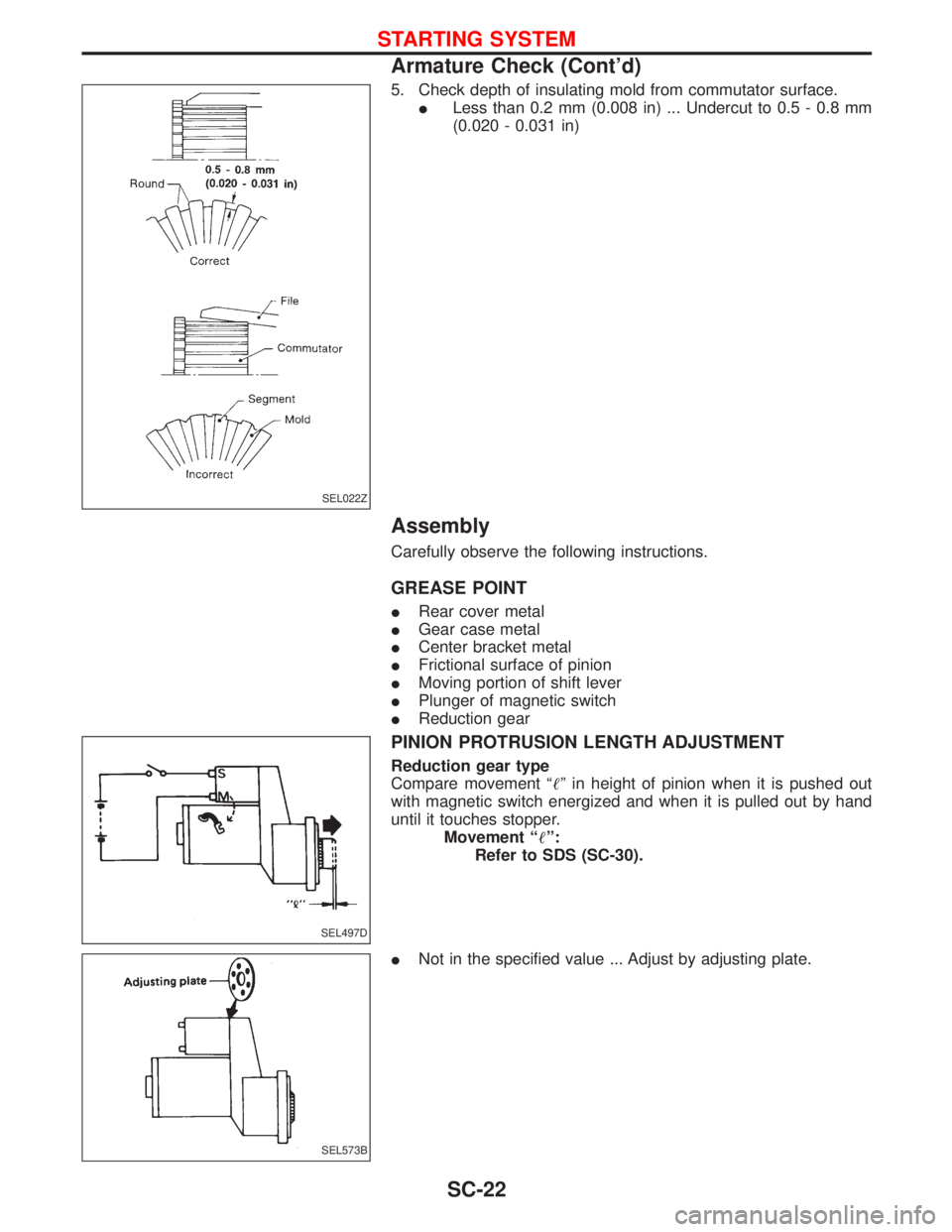 NISSAN TERRANO 2002  Service Repair Manual 5. Check depth of insulating mold from commutator surface.
ILess than 0.2 mm (0.008 in) ... Undercut to 0.5 - 0.8 mm
(0.020 - 0.031 in)
Assembly
Carefully observe the following instructions.
GREASE PO