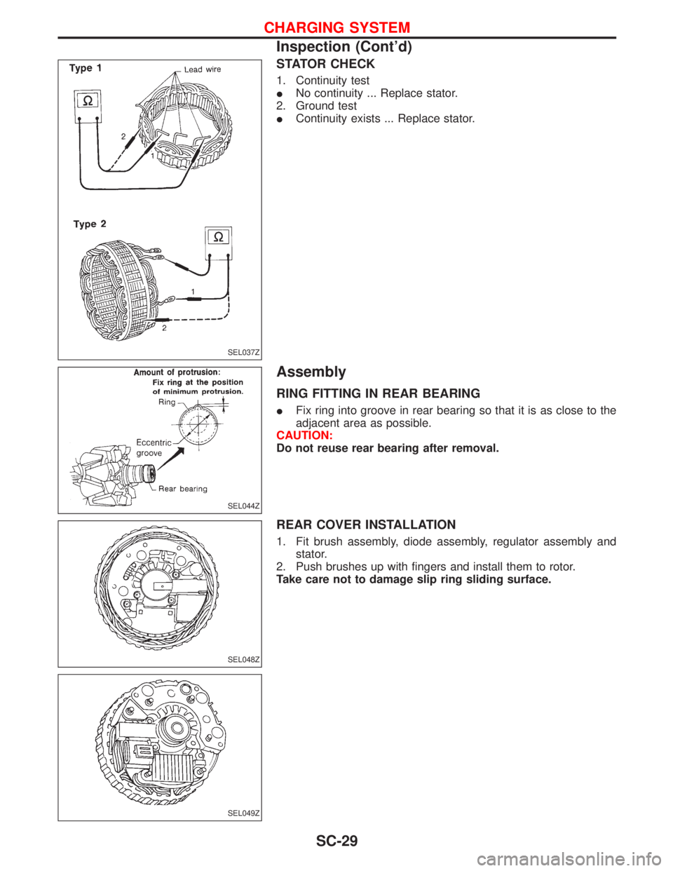 NISSAN TERRANO 2002  Service Repair Manual STATOR CHECK
1. Continuity test
INo continuity ... Replace stator.
2. Ground test
IContinuity exists ... Replace stator.
Assembly
RING FITTING IN REAR BEARING
IFix ring into groove in rear bearing so 