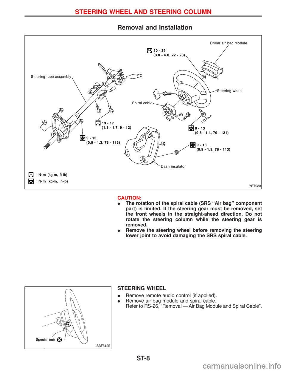 NISSAN TERRANO 2002  Service Repair Manual Removal and Installation
CAUTION:
IThe rotation of the spiral cable (SRS ªAir bagº component
part) is limited. If the steering gear must be removed, set
the front wheels in the straight-ahead direct