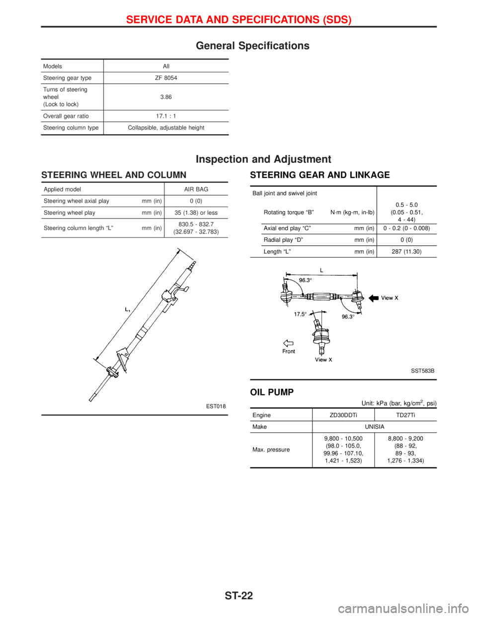 NISSAN TERRANO 2002  Service Manual PDF General Specifications
Models All
Steering gear type ZF 8054
Turns of steering
wheel
(Lock to lock)3.86
Overall gear ratio 17.1 : 1
Steering column type Collapsible, adjustable height
Inspection and A