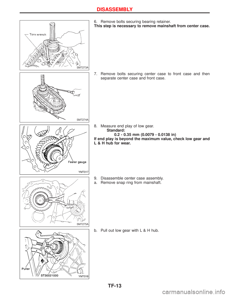 NISSAN TERRANO 2002  Service Repair Manual 6. Remove bolts securing bearing retainer.
This step is necessary to remove mainshaft from center case.
7. Remove bolts securing center case to front case and then
separate center case and front case.