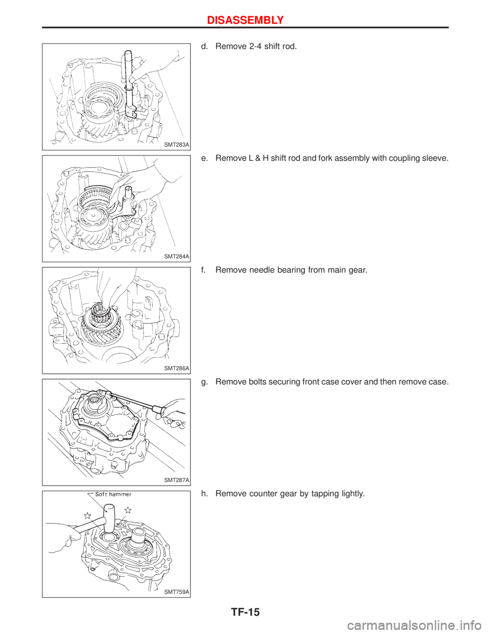 NISSAN TERRANO 2002  Service Repair Manual d. Remove 2-4 shift rod.
e. Remove L & H shift rod and fork assembly with coupling sleeve.
f. Remove needle bearing from main gear.
g. Remove bolts securing front case cover and then remove case.
h. R