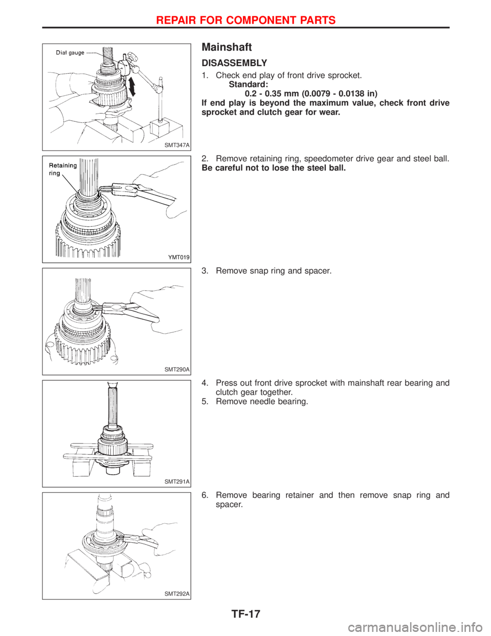 NISSAN TERRANO 2002  Service Repair Manual Mainshaft
DISASSEMBLY
1. Check end play of front drive sprocket.
Standard:
0.2 - 0.35 mm (0.0079 - 0.0138 in)
If end play is beyond the maximum value, check front drive
sprocket and clutch gear for we