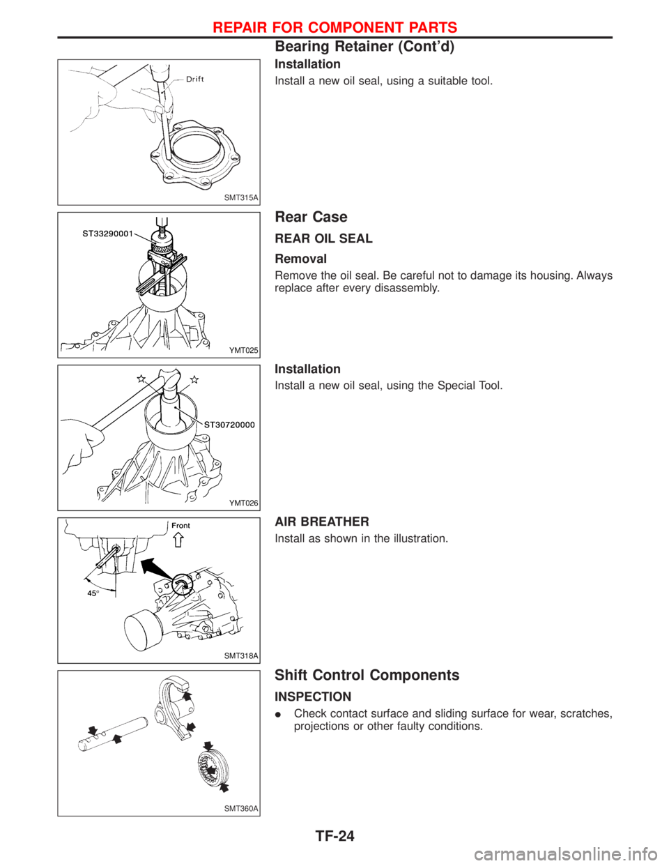 NISSAN TERRANO 2002  Service Repair Manual Installation
Install a new oil seal, using a suitable tool.
Rear Case
REAR OIL SEAL
Removal
Remove the oil seal. Be careful not to damage its housing. Always
replace after every disassembly.
Installat