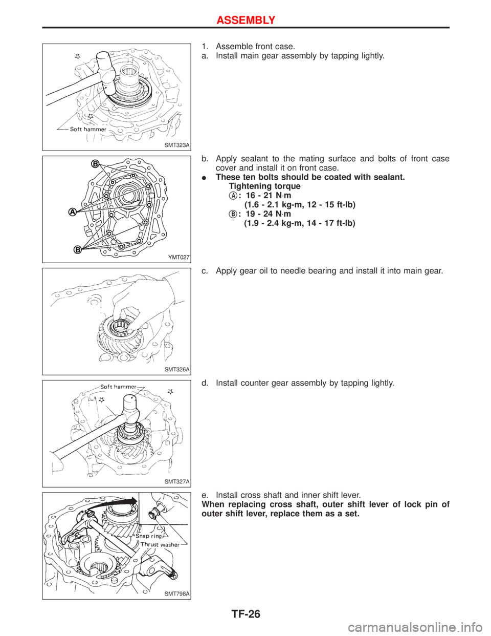 NISSAN TERRANO 2002  Service Repair Manual 1. Assemble front case.
a. Install main gear assembly by tapping lightly.
b. Apply sealant to the mating surface and bolts of front case
cover and install it on front case.
IThese ten bolts should be 