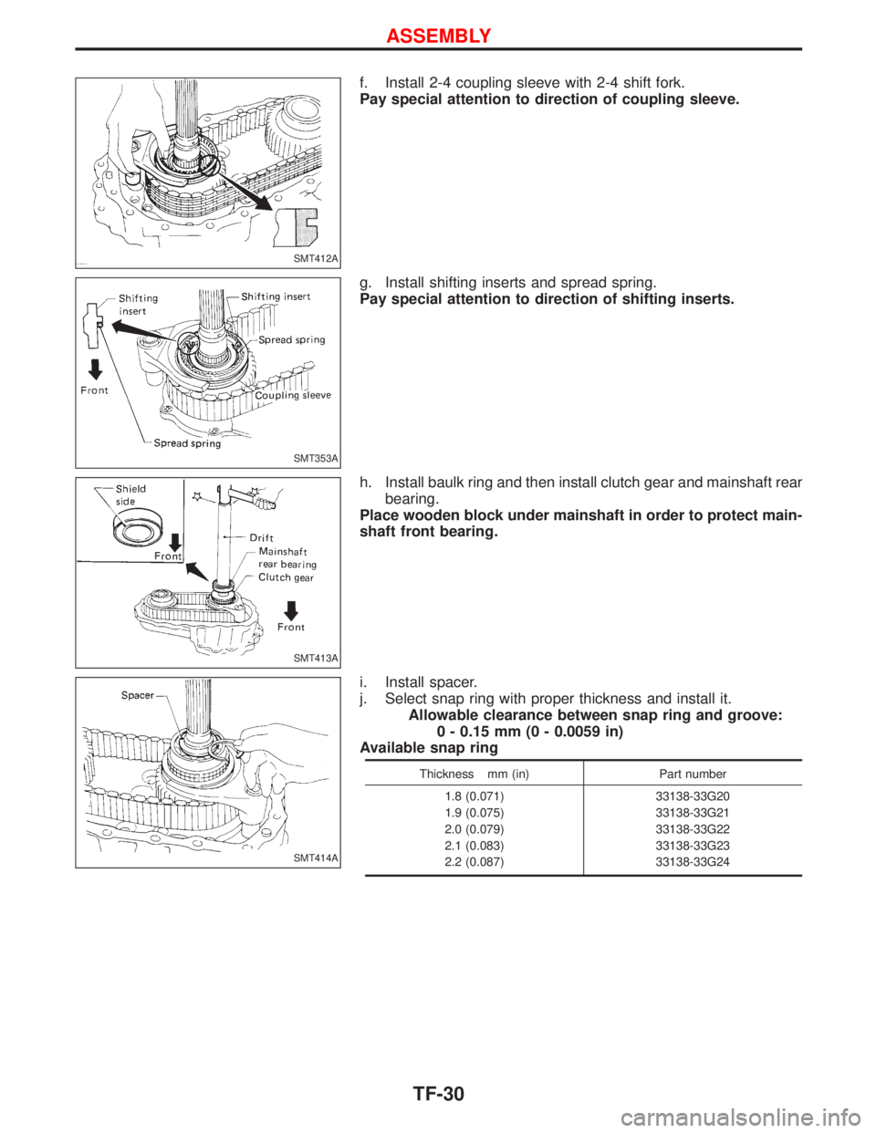 NISSAN TERRANO 2002  Service Repair Manual f. Install 2-4 coupling sleeve with 2-4 shift fork.
Pay special attention to direction of coupling sleeve.
g. Install shifting inserts and spread spring.
Pay special attention to direction of shifting