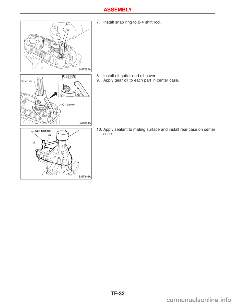 NISSAN TERRANO 2002  Service Repair Manual 7. Install snap ring to 2-4 shift rod.
8. Install oil gutter and oil cover.
9. Apply gear oil to each part in center case.
10. Apply sealant to mating surface and install rear case on center
case.
SMT
